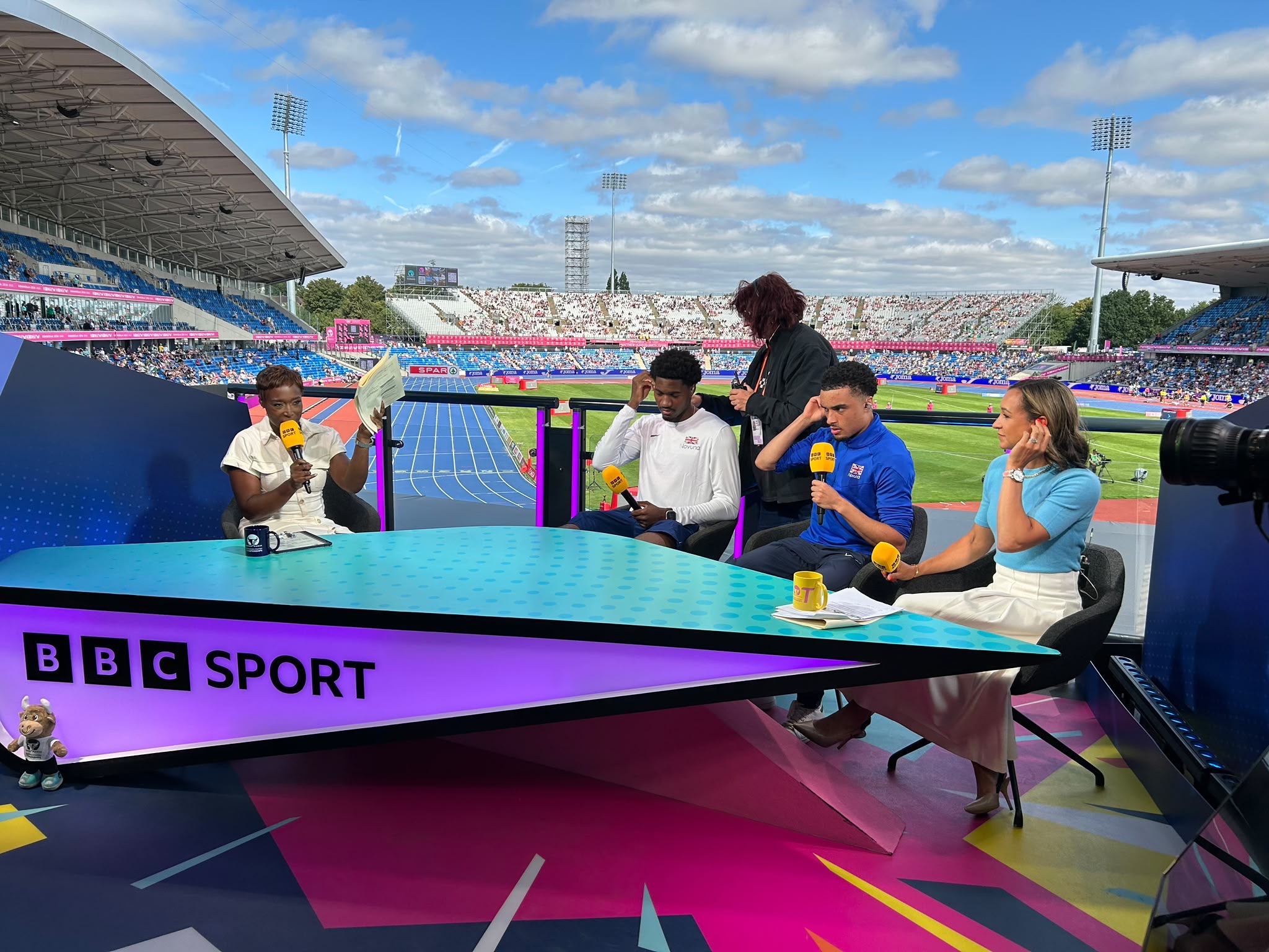 Ebuka Nwokeji on the BBC Sport desk alongside broadcast pundits at the 2026 European Championships