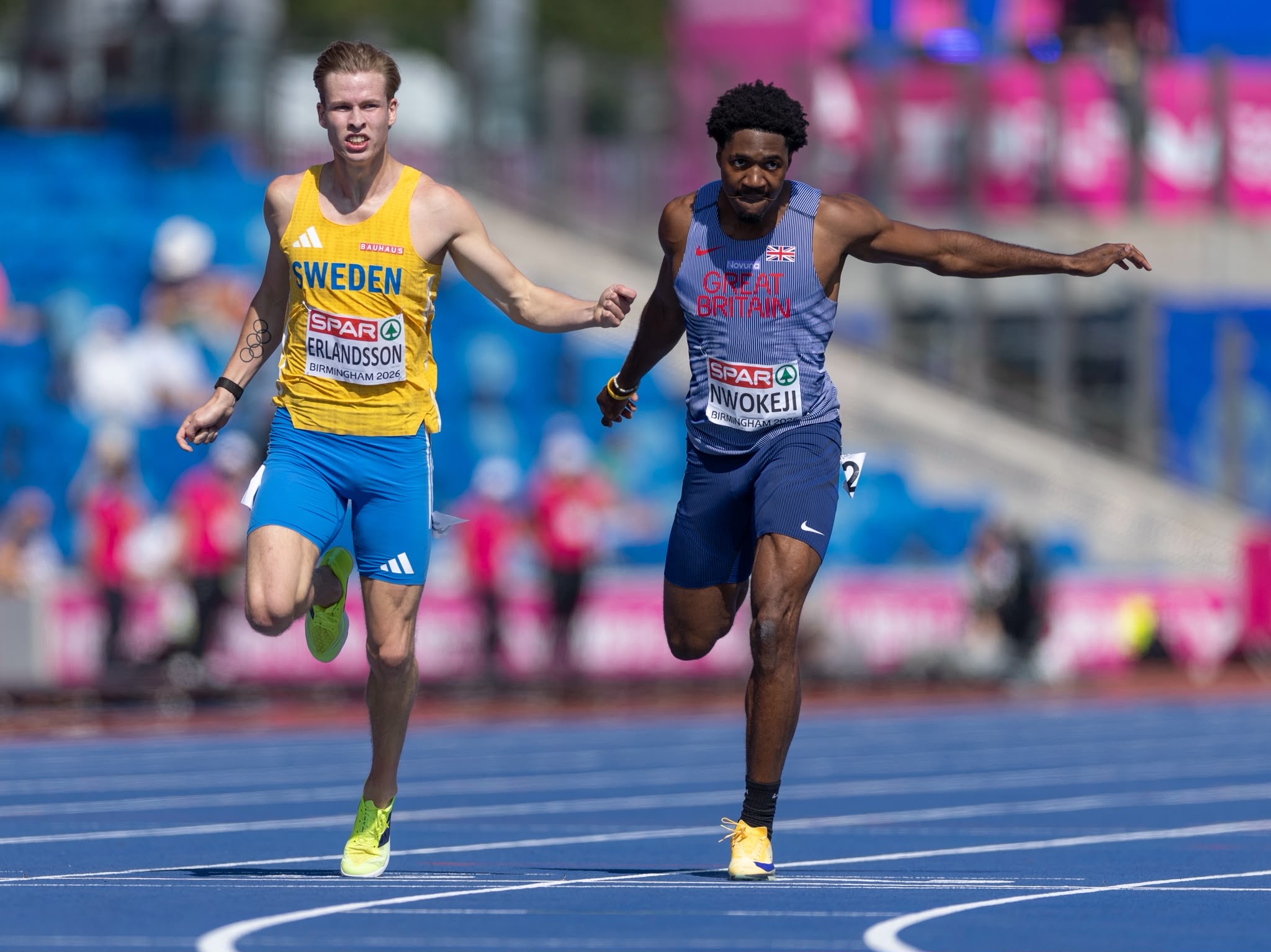 Ebuka Nwokeji racing in the Great Britain vest at the 2026 European Championships in Birmingham